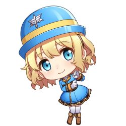 Rule 34 | 1girl, aria (vivid army), blonde hair, blue eyes, blue hat, blue skirt, boots, brown footwear, chibi, closed mouth, dot nose, full body, gloves, hair between eyes, hat, long sleeves, looking at viewer, military, military uniform, official art, short hair, simple background, skirt, smile, solo, standing, thighhighs, transparent background, uniform, vivid army, white gloves, white thighhighs, zettai ryouiki