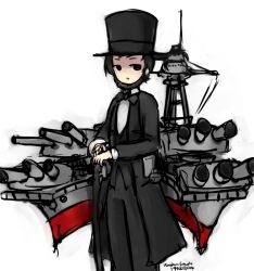 Rule 34 | 10s, 1girl, abraham lincoln, battleship, beard, black hair, bow, bowtie, cane, cannon, coat, facial hair, flandre495, formal, goth fashion, hat, holding, kantai collection, looking at viewer, making-of available, mecha musume, military, military vehicle, open mouth, original, red eyes, reverse trap, ship, short hair, signature, simple background, solo, suit, top hat, traditional bowtie, united states, united states navy, uss pennsylvania (bb-36), uss pennsylvania (bb-38), victorian, warship, watercraft, white background