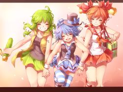 Rule 34 | 3girls, bag, bare shoulders, bell, bell (rbb), blue (rbb), blue hair, blue thighhighs, blush, bow, closed eyes, closed umbrella, green hair, grin, hat, hat bow, highres, holding hands, letterboxed, long hair, multiple girls, necktie, open mouth, orange hair, original, rainy (rbb), rainybluebell, rojiko, short hair, skirt, smile, striped clothes, striped legwear, striped thighhighs, thighhighs, umbrella, vest, wrist cuffs