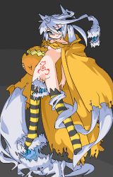 Rule 34 | 1girl, blue eyes, bottomless, bow, breasts, cape, cleft of venus, cloak, female focus, female pubic hair, hair bow, living hair, long hair, mof, mof&#039;s silver haired twintailed girl, naked cape, nipples, oekaki, original, pubic hair, pumpkin, pussy, silver hair, small breasts, smirk, solo, striped clothes, striped thighhighs, tattoo, thighhighs, twintails, uncensored, very long hair