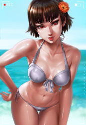Rule 34 | 10s, 1girl, abs, beach, bikini, breasts, breasts apart, brown hair, cleavage, dandon fuga, day, flower, hair flower, hair ornament, hand on own hip, leaning forward, looking at viewer, medium breasts, navel, niijima makoto, outdoors, persona, persona 5, recording, red eyes, shiny skin, short hair, smile, solo, stomach, swimsuit, toned, white bikini