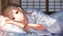 Rule 34 | 1girl, brown eyes, brown hair, commission, indoors, izumi (stardustalone), japanese clothes, kimono, long hair, lying, on bed, on side, original, parted lips, pillow, solo, watermark, wide sleeves