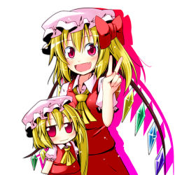 Rule 34 | &gt;:3, 2girls, :3, :d, ascot, blonde hair, blush, bow, chibi, dual persona, fang, female focus, flandre scarlet, hat, ichimi, multiple girls, open mouth, red eyes, short hair, side ponytail, smile, time paradox, touhou, v, v-shaped eyebrows, wings