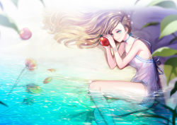 Rule 34 | 1girl, apple, blue eyes, blue panties, blush, brown hair, closed mouth, eu (euspia), flower, food, fruit, holding, holding food, holding fruit, long hair, looking at viewer, lying, on side, original, panties, partially submerged, smile, striped clothes, striped panties, underwear, white panties