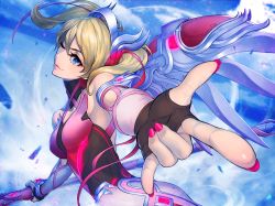 Rule 34 | 1girl, ;), alternate hairstyle, blonde hair, blue eyes, breasts, commentary request, criss-cross halter, fingernails, foreshortening, halo, halterneck, head wings, lips, long fingernails, looking at viewer, m/, mechanical halo, mechanical wings, medium breasts, mercy (overwatch), mitchy1023, nail polish, official alternate costume, one eye closed, outstretched hand, overwatch, overwatch 1, pink mercy, pink nails, smile, solo, staff, twintails, wings