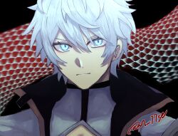 Rule 34 | 1boy, absurdres, black background, blue eyes, closed mouth, commentary request, hair between eyes, highres, honkai (series), honkai impact 3rd, jacket, kevin kaslana, looking at viewer, male focus, nanase (m 77se), portrait, shirt, simple background, solo, twitter username, v-shaped eyebrows, white hair, white jacket, white shirt