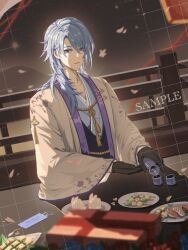 Rule 34 | 1boy, alternate costume, architecture, blue eyes, blue hair, blurry, blurry background, east asian architecture, falling petals, genshin impact, gloves, hair between eyes, highres, japanese clothes, kamisato ayato, long hair, looking at viewer, male focus, mole, mole under mouth, petals