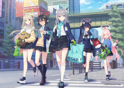 Rule 34 | 5girls, ahoge, akihabara (tokyo), animal ears, ayane (blue archive), azumi akitake, bag, black footwear, black gloves, black hair, black shorts, black skirt, black socks, blue archive, blue eyes, blue jacket, blue ribbon, blue scarf, cat ears, closed mouth, cloud, collar, collared shirt, cross-laced footwear, cross hair ornament, day, fingerless gloves, floating hair, foreclosure task force (blue archive), full body, glasses, gloves, green eyes, green gloves, grey hair, hair bun, hair ornament, hair ribbon, halo, holding, holding bag, hoshino (blue archive), jacket, knee pads, kneehighs, light brown hair, loafers, long hair, long sleeves, looking at another, medium hair, mismatched pupils, multiple girls, nonomi (blue archive), official art, one eye closed, open clothes, open jacket, open mouth, outdoors, pink hair, plaid, plaid skirt, pleated skirt, pointy ears, real world location, red-framed eyewear, red eyes, red gloves, ribbon, scarf, school uniform, serika (blue archive), shiroko (blue archive), shirt, shoes, short hair, shorts, shorts under skirt, single glove, single hair bun, skirt, sky, smile, socks, stuffed toy, tokyo (city), twintails, two-tone gloves, walking, white collar, white footwear, white shirt, white socks, wolf ears, yellow eyes, yellow jacket