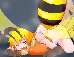 Rule 34 | 1boy, 1girl, antennae, arthropod girl, bee, bee girl, bee wings, blonde hair, blush, bottomless, bug, doggystyle, frenzy altron, insect, insect girl, monster, monster girl, open mouth, red eyes, sex, sex from behind, short hair, simple background, striped, wings