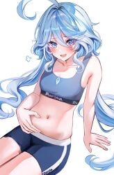 Rule 34 | 1girl, absurdres, ahoge, arm support, belly grab, blue eyes, blue hair, blue shorts, blue sports bra, breasts, cleavage, collarbone, commentary request, crop top, dasha, furina (genshin impact), genshin impact, hair ornament, heterochromia, highres, long hair, looking at viewer, medium breasts, midriff, multicolored hair, navel, shorts, simple background, sitting, solo, sports bra, two-tone hair, weight conscious, white background