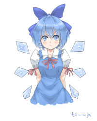 Rule 34 | 1girl, :t, angry, annoyed, arms behind back, bad id, bad pixiv id, blue bow, blue dress, blue eyes, blue hair, blush, bow, cirno, cyjalway, detached wings, dress, hair bow, ice, ice wings, matching hair/eyes, pout, puffy short sleeves, puffy sleeves, short hair, short sleeves, solo, touhou, white background, wings