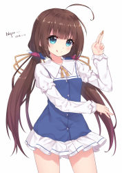 Rule 34 | 10s, 1girl, :q, ahoge, artist name, between fingers, blue dress, blue eyes, blush, brown hair, closed mouth, commentary request, cowboy shot, dated, dress, fingernails, hair ribbon, head tilt, highres, hinatsuru ai, holding, layered sleeves, long hair, long sleeves, looking at viewer, low twintails, nail polish, neps-l, pink nails, puffy short sleeves, puffy sleeves, ribbon, ryuuou no oshigoto!, school uniform, short over long sleeves, short sleeves, simple background, smile, solo, tongue, tongue out, twintails, v-shaped eyebrows, very long hair, white background, yellow ribbon