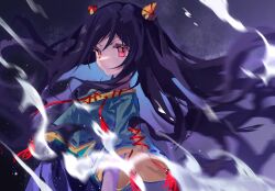 Rule 34 | 1girl, black hair, blue shorts, closed mouth, floating hair, green shirt, highres, horns, long hair, nippaku zanmu, oni horns, red eyes, ringo no usagi (artist), shirt, short sleeves, shorts, solo, touhou, unfinished dream of all living ghost, upper body, wide sleeves