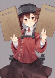 Rule 34 | 10s, 1girl, brown eyes, brown hair, crying, crying with eyes open, cutting board, highres, kantai collection, long hair, looking at viewer, pleated skirt, ryuujou (kancolle), skirt, solo, sumisu (mondo), tears, twintails, visor cap
