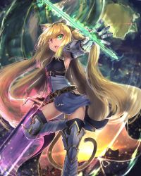 Rule 34 | 1girl, armor, backlighting, bad id, bad twitter id, belt, black background, black belt, black sky, blonde hair, boots, chain, cloud, cloudy sky, cross, dress, earrings, energy sword, fang, gauntlets, gloves, greaves, green eyes, grey dress, grey footwear, grey gloves, heterochromia, highres, holding, holding sword, holding weapon, huge weapon, jewelry, karu (ricardo 2628), kemonomimi mode, leg up, light particles, long hair, looking at viewer, open mouth, original, outdoors, pauldrons, red eyes, short dress, shoulder armor, sky, sleeveless, sleeveless dress, solo, sparkle, standing, standing on one leg, sunset, sword, tail, thigh boots, thighhighs, tiara, very long hair, weapon