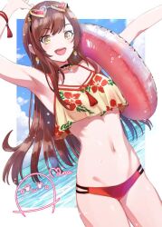 Rule 34 | 1girl, :d, arm up, bikini, bracelet, breasts, brown hair, character signature, cowboy shot, earrings, eyewear on head, floral print, glasses, goshiki suzu, heart, heart-shaped eyewear, idolmaster, idolmaster shiny colors, innertube, jewelry, long hair, medium breasts, navel, necklace, ocean, open mouth, osaki amana, signature, smile, solo, stomach, swept bangs, swim ring, swimsuit, yellow eyes