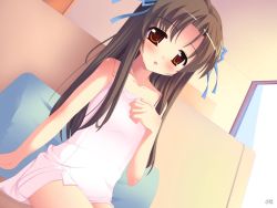 Rule 34 | 1girl, blush, bow, brown hair, child, flat chest, hair bow, long hair, naked towel, natsumiya yuzu, open mouth, original, red eyes, solo, towel, wet