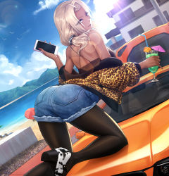 Rule 34 | 1girl, animal print, arched back, ass, bare shoulders, beach, beach umbrella, bird, black pantyhose, blonde hair, car, cellphone, cloud, convertible, cutoffs, dark-skinned female, dark skin, day, dutch angle, eyes visible through hair, flying, from behind, ganguro, glass, hair over one eye, highres, kneeling, leaning forward, leopard print, long hair, looking at viewer, looking back, motor vehicle, mountain, nail polish, no bra, obaoba (monkeyix), off shoulder, on vehicle, original, outdoors, pantyhose, phone, pink nails, red nails, scrunchie, shorts, shoulder blades, smartphone, solo, summer, sun, tan, umbrella, yellow eyes