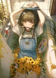 Rule 34 | 1girl, 2gong (9ujin ), arms up, bathtub, blue overalls, braid, brown choker, brown eyes, brown hair, choker, flower, hair flower, hair ornament, hairclip, highres, indoors, looking at viewer, medium hair, mouth hold, original, overalls, paint, paintbrush, restrained, short sleeves, solo, thighs, twin braids, white hair