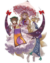 Rule 34 | 3girls, :o, animal ears, animal hat, blonde hair, boots, bow, bowtie, brown hair, cat ears, cat tail, chen, dress, earrings, fox tail, full body, gap (touhou), green hat, hands in opposite sleeves, hat, hat ribbon, jewelry, juliet sleeves, long hair, long sleeves, looking at viewer, masakichi, mob cap, multiple girls, multiple tails, nail polish, official art, parasol, puffy sleeves, red nails, ribbon, short hair, simple background, single earring, smile, strange creators of outer world, tabard, tail, tassel, touhou, two tails, umbrella, white background, white bow, white bowtie, white dress, white hat, white headwear, wide sleeves, yakumo ran, yakumo yukari