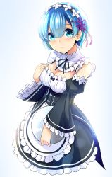 Rule 34 | 10s, 1girl, apron, blue eyes, blue hair, breasts, cleavage, detached collar, detached sleeves, dress, frilled apron, frilled dress, frilled sleeves, frills, hair between eyes, hair ornament, hand on own chest, holding, holding tray, looking at viewer, maid, maid apron, maid headdress, matching hair/eyes, medium breasts, mikawaya, no legs, re:zero kara hajimeru isekai seikatsu, rem (re:zero), ribbon-trimmed clothes, ribbon-trimmed sleeves, ribbon trim, short hair, simple background, smile, solo, tray, underbust, x hair ornament