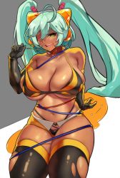 Rule 34 | 1girl, ahoge, aqua hair, bikini, bikini top only, black gloves, black thighhighs, borrowed character, breasts, cable, cleavage, collar, commentary, curvy, dark-skinned female, dark skin, elbow gloves, english commentary, eu03, eyepatch, fang, fangs, gloves, green eyes, grey background, hair ornament, heart (symbol), heart collar, highleg, highleg panties, highres, huge ahoge, huge breasts, hybrid monster, large breasts, long hair, megacycle13, mzh, navel, one-eyed, open mouth, original, panties, sagging breasts, short shorts, shorts, skindentation, smile, solo, strap gap, strap pull, swimsuit, thighhighs, torn clothes, torn thighhighs, twintails, underboob, underwear