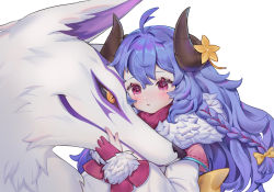 Rule 34 | 1girl, :o, absurdres, ahoge, blue hair, braid, curled horns, fur collar, highres, horns, kindred (league of legends), lamb (league of legends), league of legends, long hair, long sleeves, looking at another, meowlian, official alternate costume, orange eyes, parted lips, puffy sleeves, red eyes, shirt, simple background, slit pupils, spirit blossom kindred, white background, white shirt, wolf, wolf (league of legends)