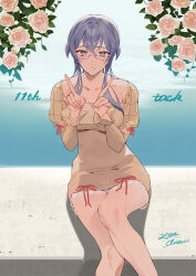 Rule 34 | 1girl, blue eyes, blue hair, brown dress, commentary request, dress, drew (drew213g), feet out of frame, flower, gotland (kancolle), index fingers raised, kantai collection, long hair, looking at viewer, mole, mole under eye, off-shoulder dress, off shoulder, official alternate costume, official art, rose, sitting, solo, white flower, white rose