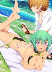 Rule 34 | 10s, 1boy, 1girl, :3, :d, amata sora, aquarion (series), aquarion evol, ass, barefoot, bikini, blush, breasts, cleavage, crossed arms, fang, feet, green hair, hand on back, legs up, long legs, lotion, lying, medium breasts, mizuki makoto, no eyes, on stomach, open mouth, purple eyes, short hair, side-tie bikini bottom, smile, soles, sunscreen, swimsuit, the pose, toes, zessica wong