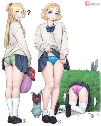 Rule 34 | 3girls, ?, absurdres, all fours, alternate costume, ass, black footwear, blonde hair, blue bow, blue eyes, blue panties, blue skirt, bow, braid, bush, cardigan, character name, clothes lift, commentary, crossover, dismaiden, dungeon meshi, elf, english commentary, frieren, green eyes, green panties, grey cardigan, hair ornament, hair ribbon, hairclip, highres, kneehighs, lifted by self, loafers, long hair, marcille donato, multiple braids, multiple girls, nintendo, panties, pink panties, pleated skirt, pointy ears, princess zelda, red ribbon, ribbon, school uniform, shoes, skirt, skirt lift, socks, sousou no frieren, squirrel, the legend of zelda, thighhighs, twintails, underwear, wardrobe malfunction, white background, white hair, white thighhighs