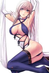 Rule 34 | 1girl, applekun, armpits, arms up, ass, blue eyes, blue one-piece swimsuit, blue thighhighs, boots, breasts, commentary request, criss-cross halter, detached sleeves, eyebrows hidden by hair, fate/grand order, fate (series), hair down, halterneck, high heel boots, high heels, highleg, highleg swimsuit, highres, large breasts, long hair, looking at viewer, miyamoto musashi (fate), miyamoto musashi (fate/grand order), miyamoto musashi (swimsuit berserker) (fate), miyamoto musashi (swimsuit berserker) (third ascension) (fate), one-piece swimsuit, parted lips, pink hair, platform boots, platform footwear, revision, simple background, solo, swept bangs, swimsuit, thigh boots, thighhighs, thighs, twisted torso, two-tone swimsuit, wedge heels, white background, white one-piece swimsuit