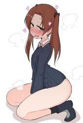 Rule 34 | 1girl, ame (amechan17391739), between legs, black bow, black footwear, black socks, blue jacket, blush, boots, bottomless, bow, brown eyes, brown hair, commentary, from side, girls und panzer, hair bow, half-closed eyes, hand between legs, heart, highres, jacket, kadotani anzu, kneeling, long hair, long sleeves, looking at viewer, military uniform, ooarai military uniform, open mouth, parted bangs, saliva, simple background, smile, socks, solo, steam, sweat, twintails, uniform, white background