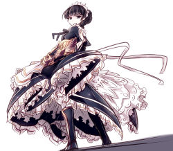 Rule 34 | 10s, 1girl, apron, back cutout, backless outfit, bare back, black dress, black footwear, black hair, black ribbon, boots, brass knuckles, claudia (granblue fantasy), clothing cutout, dress, frilled dress, frills, from behind, granblue fantasy, hair bun, looking at viewer, looking back, maid apron, puffy short sleeves, puffy sleeves, purple eyes, ribbon, short hair, short sleeves, simple background, single hair bun, solo, standing, syarute, weapon, white background