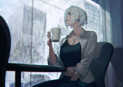 Rule 34 | 1girl, absurdres, black tank top, breasts, chair, cleavage, collared shirt, cup, earrings, glasses, highres, holding, holding cup, jewelry, kyo (kuroichigo), large breasts, looking outside, midriff, necklace, original, shirt, silo, sitting, sleeves rolled up, solo, table, tank top, white hair, window