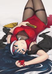 Rule 34 | 1girl, azur lane, bare shoulders, black pantyhose, black shawl, blue eyes, blue hair, breasts, china dress, chinese clothes, commentary, dark blue hair, deutschland (azur lane), deutschland (lantern-lit ruler) (azur lane), dress, english commentary, flower, folding fan, hand fan, holding, holding flower, large breasts, light blush, looking at viewer, lying, multicolored hair, on back, pantyhose, red dress, red hair, shawl, sleeveless, sleeveless dress, solo, streaked hair, tarmika art, thighband pantyhose, thighs