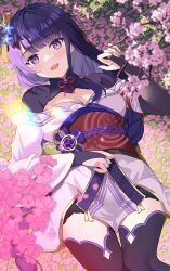 Rule 34 | 1girl, absurdres, blush, braid, breasts, cherry blossoms, cleavage, flower, genshin impact, hair flower, hair ornament, highres, japanese clothes, kimono, large breasts, long hair, looking at viewer, low-braided long hair, low-tied long hair, mole, mole under eye, obi, open mouth, purple eyes, purple hair, purple kimono, purple thighhighs, raiden shogun, rererere mon, sash, smile, solo, thighhighs, very long hair