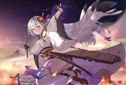 Rule 34 | 1girl, aiguillette, aircraft, airplane, arm above head, artist name, azur lane, black gloves, blue eyes, blunt bangs, blush, breasts, closed mouth, cloud, covered erect nipples, cowboy shot, evening, flight deck, floating, floating hair, gloves, hair ornament, highres, holding, japanese clothes, jumping, katana, kimono, large breasts, long hair, looking at viewer, mole, mole under eye, obi, outstretched arm, partially fingerless gloves, qtian, rigging, rudder footwear, sash, sheath, sheathed, shoukaku (azur lane), sidelocks, silver hair, smile, solo, sword, tassel, thighhighs, thighs, very long hair, weapon, wide sleeves, wind, wind lift