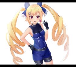 Rule 34 | 1girl, bike shorts, black border, black gloves, black shorts, blonde hair, blue jumpsuit, border, candy, cinderella series, cowboy shot, floating hair, food, gloves, hachigatsu no cinderella nine, hand on own hip, highres, holding, holding candy, holding food, holding lollipop, jumpsuit, kosaka tsubaki, letterboxed, lollipop, long hair, looking at viewer, nyanmaru, open mouth, red eyes, shorts, solo, standing, v-shaped eyebrows, very long hair, white background