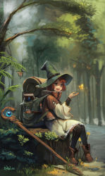 Rule 34 | 1girl, artist name, backpack, bag, black socks, book, boots, brown footwear, brown hair, bug, butterfly, clothing request, commentary, cross-laced clothes, erkelee, fantasy, fern, forest, grass, green eyes, green headwear, hat, highres, insect, kneehighs, light particles, long sleeves, magic, nature, open mouth, original, outdoors, plant, red hair, short hair, sitting, sitting on tree stump, smile, socks, staff, teeth, tree, wide sleeves, witch hat