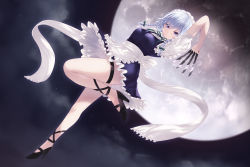 Rule 34 | 1girl, apron, bare legs, black footwear, blue dress, blue eyes, bow, braid, breasts, cait aron, closed mouth, dress, full body, full moon, green bow, hair bow, high heels, highres, holding, holding knife, izayoi sakuya, knife, looking at viewer, maid headdress, medium breasts, moon, night, night sky, outdoors, shirt, shoes, silver hair, sky, solo, thigh strap, touhou, twin braids, waist apron, white shirt