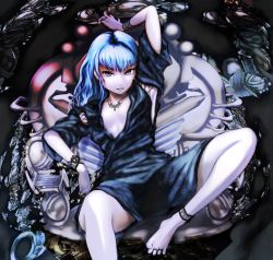 Rule 34 | anklet, armpits, barefoot, blue hair, feet, flat chest, jewelry, long hair, original, sitting, solo, terumin, toe ring, toes