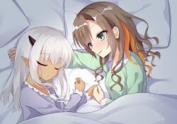 Rule 34 | 2girls, :o, blush, brown hair, closed eyes, commentary request, dark-skinned female, dark skin, demon girl, demon horns, eyelashes, green eyes, green pajamas, grey hair, gyaru, hair down, head on arm, head on pillow, heart, heart-shaped pupils, highres, horns, long hair, long sleeves, looking at another, lovestruck, lying, multicolored hair, multiple girls, nail polish, on bed, on side, open mouth, orange hair, pajamas, pillow, pointy ears, purple nails, purple pajamas, sesen2000, shiraishi chika, sidelocks, sleeping, smile, straight hair, symbol-shaped pupils, tenshi souzou re-boot!, tsurime, two-tone hair, under covers, upper body, vega (tenshi souzou), wavy hair, white nails