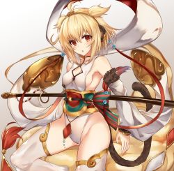 Rule 34 | 10s, 1girl, andira (granblue fantasy), animal ears, blonde hair, boots, bow, breasts, commentary request, cowboy shot, detached sleeves, erune, fantasy, granblue fantasy, headgear, large bow, leg up, leotard, looking at viewer, medium breasts, monkey ears, monkey tail, nakatama kyou, orange eyes, parted lips, short hair, sideboob, simple background, solo, standing, standing on one leg, tail, thigh boots, thighhighs, thighs, two side up, white background, white footwear, white leotard