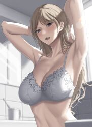 Rule 34 | 1girl, armpits, arms behind head, arms up, backlighting, bare shoulders, blonde hair, blush, bra, breasts, cleavage, collarbone, grey eyes, highres, kaminari doon, large breasts, long hair, looking at viewer, mole, mole under eye, open mouth, original, smile, solo, underwear, white bra