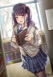 Rule 34 | 1girl, :d, bad id, bad pixiv id, black hair, black pantyhose, blue neckwear, blue skirt, book, bookshelf, brown cardigan, cardigan, collared shirt, commentary request, cowboy shot, hair ornament, hairclip, highres, hisao 0111, holding, holding book, lens flare, library, long sleeves, looking at viewer, open mouth, original, pantyhose, plaid, plaid skirt, pleated skirt, purple eyes, school uniform, shirt, sidelocks, signature, skirt, smile, standing, teeth, uniform, upper teeth only, white shirt, window
