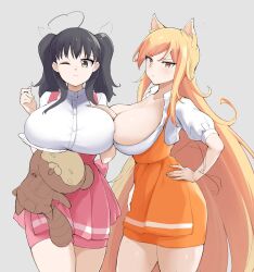 Rule 34 | 2girls, absurdres, ahoge, animal ears, apron, blonde hair, breasts, brown hair, buttons, cleavage, closed mouth, grey background, grey eyes, hand on own chest, hand on own hip, highres, huge breasts, ikigai, kumi (senran kagura), light blush, light frown, long hair, looking at viewer, maid apron, medium hair, misato (senran kagura), multiple girls, one eye closed, senran kagura, simple background, tanuki, tray, unbuttoned, unfinished, waitress, yellow eyes