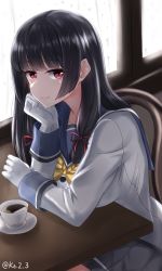 Rule 34 | 1girl, black hair, blue sailor collar, coffee cup, commentary request, cup, disposable cup, gloves, hair ribbon, highres, ibuki grunt, isokaze (kancolle), kantai collection, long hair, long sleeves, looking at viewer, neckerchief, red eyes, ribbon, sailor collar, saucer, school uniform, serafuku, solo, table, tress ribbon, upper body, white gloves, yellow neckerchief