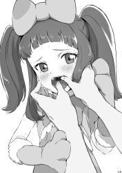 Rule 34 | 1girl, animal hands, blunt bangs, blush, bow, copyright request, dot nose, finger in another&#039;s mouth, gloves, greyscale, hair bow, highres, looking at viewer, medium hair, monochrome, open mouth, osame, paw gloves, simple background, solo focus, tears, tongue, tongue out, twintails, white background