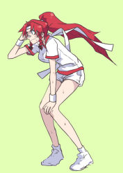 Rule 34 | 1girl, alternate costume, bare legs, braid, contemporary, female focus, gym uniform, headband, hong meiling, long hair, ponytail, red hair, short shorts, short sleeves, shorts, side braid, simple background, solo, sweat, tima, touhou, twin braids