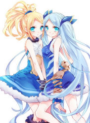 Rule 34 | 2girls, bare shoulders, blonde hair, blue dress, blue eyes, blue hair, blue skirt, dress, idunn &amp; idunna, long hair, multiple girls, ponytail, puzzle &amp; dragons, sakuragi mikan, simple background, skirt, smile, twintails, very long hair, white background